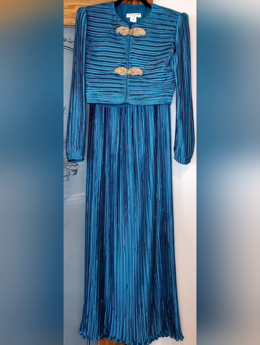 Vntg. 80's Teal Plisse Pleated Maxi Skirt & Cropped Jacket w/Gold Frogging Sz 8